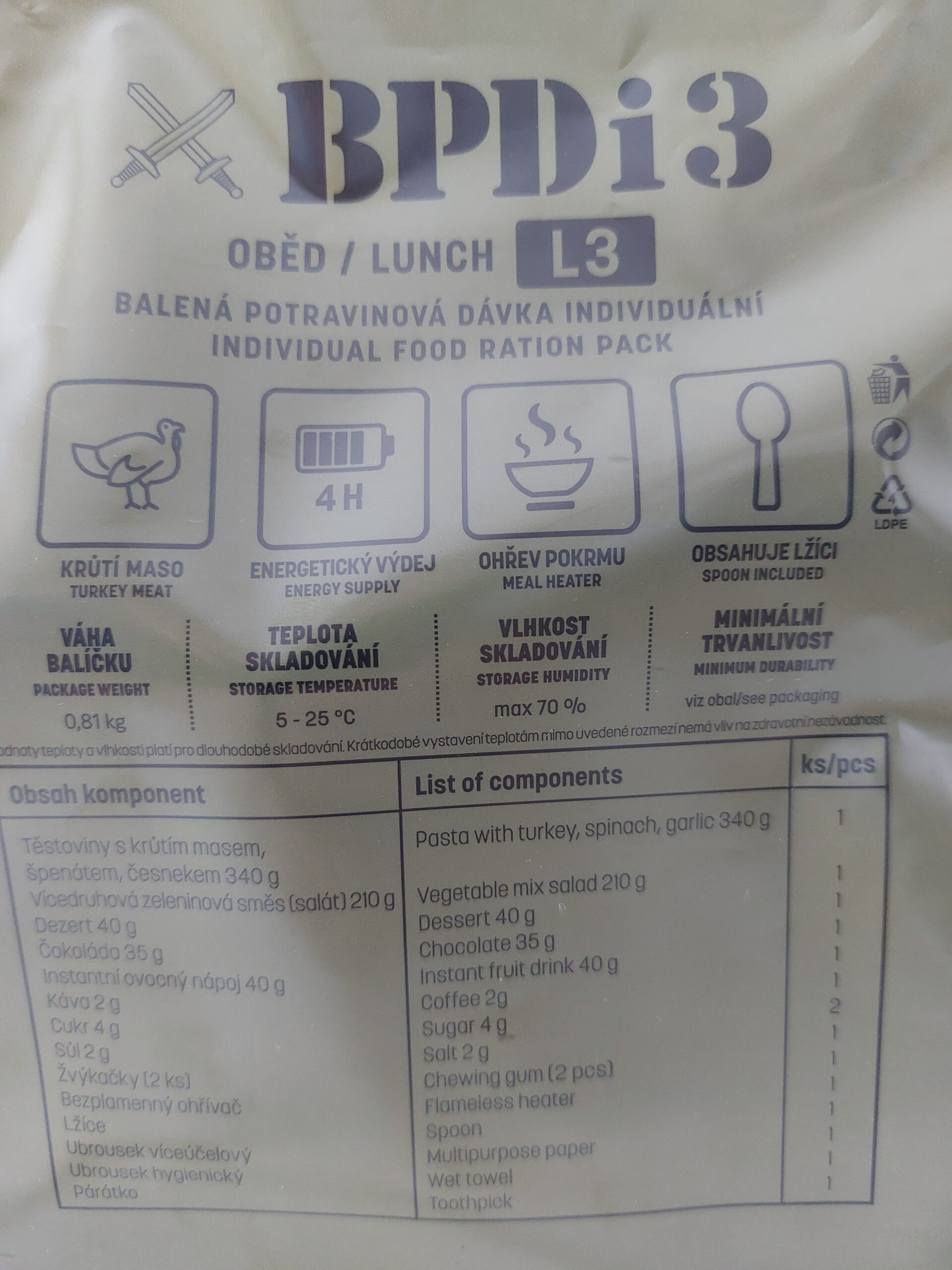 Obědový balíček AČR - Těstoviny s krůtím masem, špenátem, česnekem BPDi3 L3 - Obrázek 2