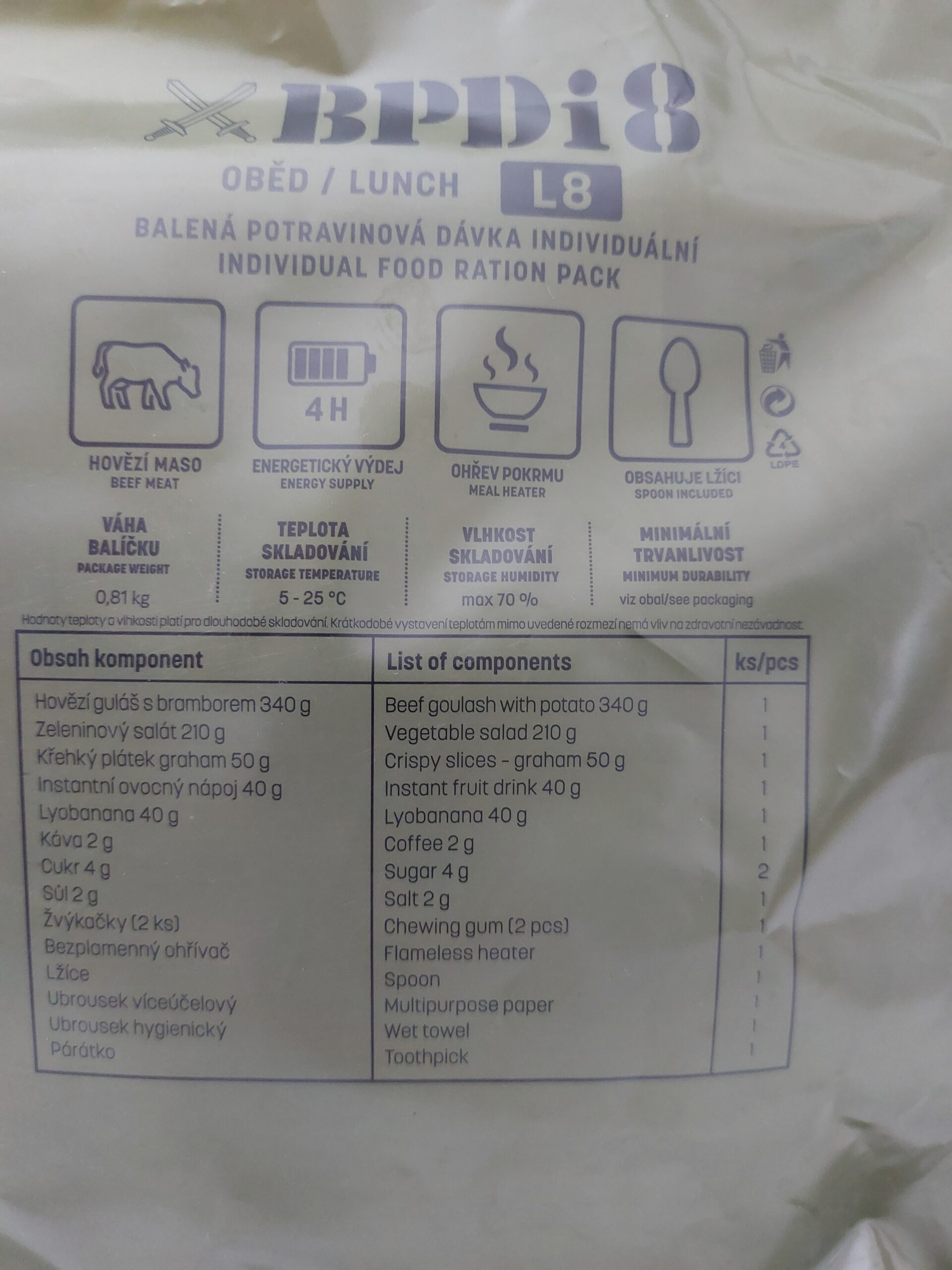 Obědový balíček AČR - Hovězí guláš s bramborem BPDi8 L8 - Obrázek 2